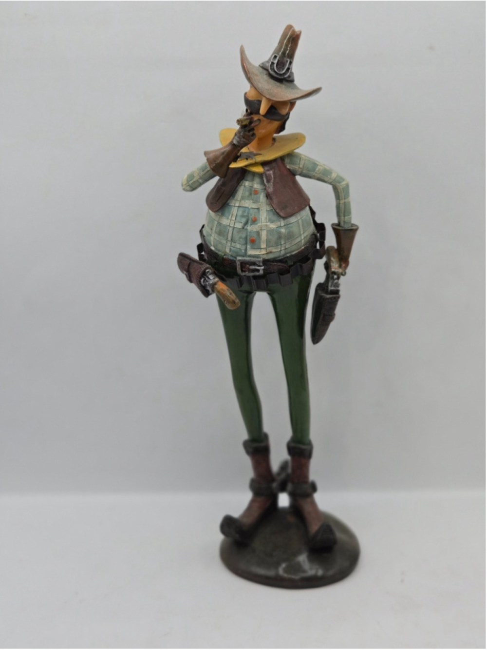 Vintage Western Cowboy Figurine Long Legs Gunslinger Smoking Cigar Resin 11”